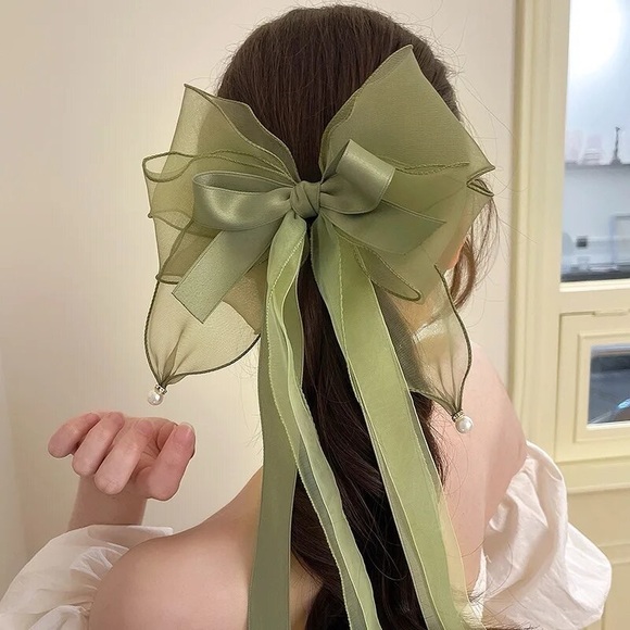 Long Oversized Green Satin Bow French Barrette Hair Clip - Picture 1 of 11